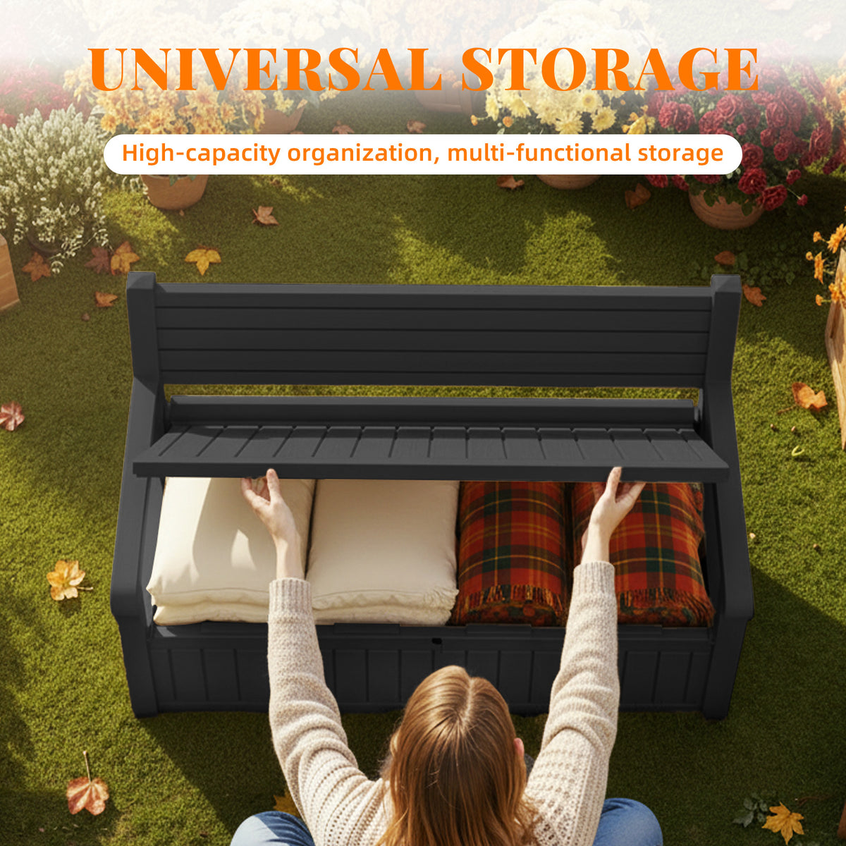 Heavy Duty 80 Gallon Resin Wood Grain Indoor/Outdoor Storage Bench Seating - 500 Lb Comfortable Waterproof Deck Box for Spring Patio Summer Garden Cushions Tools & Backyard Organization