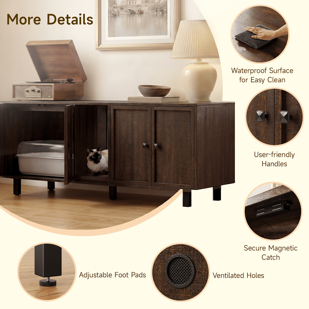 [Cat Litter Box Enclosure] 59 Inches Cat Litter Box Enclosure for 2 Cats, Hidden Litter Boxes Furniture with Cat Scratch Pad, Large Indoor Cat House with Double Room, Wooden TV Stand Side Table, Black