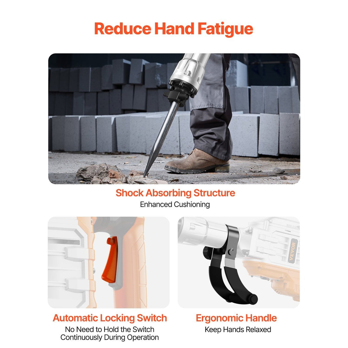 VEVOR Demolition Jack Hammer, 3500W Jack Hammer Concrete Breaker, 2pcs Chisel with Gloves & 360°C Swiveling Front Handle for Trenching, 1900 BPM Heavy Duty Electric Jack Hammer, Orange/Black