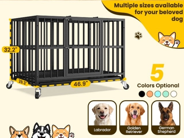 [Indoor Dog Crate] Heavy Duty Simple Version Round Pipe Iron Dog Crate, Indoor Double Door Dog Crate With Wheels With Removable Tray