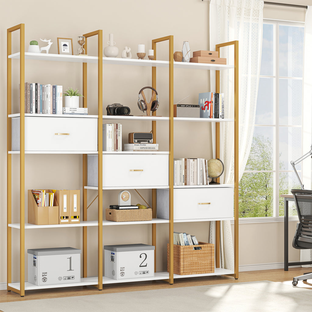 Semoic Triple Wide 6 Tiers Industrial Book Shelf with 3 Drawers and Storage Shelves, 73.6" Tall Bookcase with 16 Open Display Shelves, Large Etagere Bookshelf with Metal Frame for Home& Office, Golden