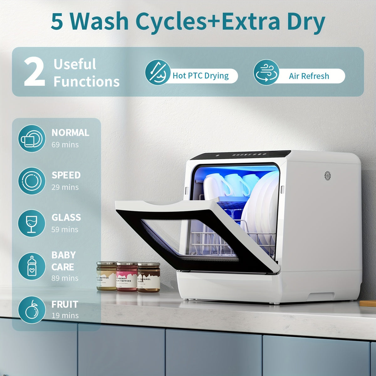 Portable Countertop Dishwasher, 5+1 Program Compact Mini Dishwasher With 5-Liter Built-in Water Tank And Air Dry Function, Dual Water Supply Mode, Ideal For Apartments And RVs