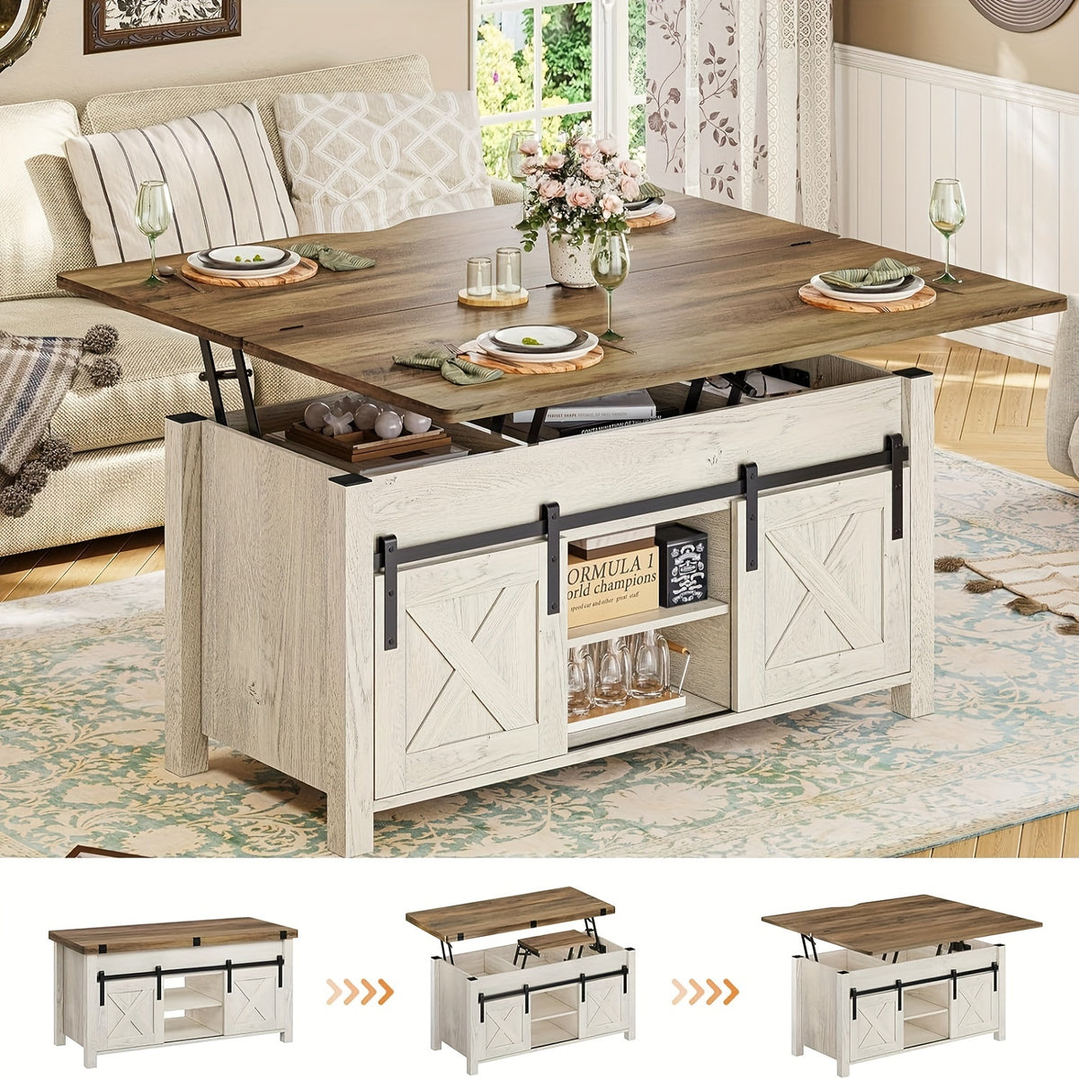 Farmhouse Lift Top Coffee Table with Hidden Compartments And Open Shelves, Center Table with Sliding Barn Door for Living Room Home Office, Light Oak Gray