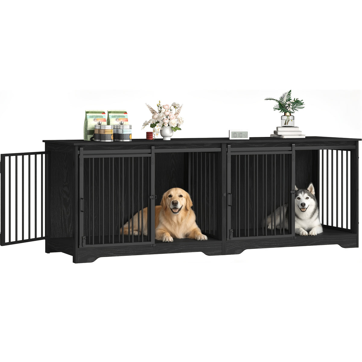 78" Dog Crate Furniture with Divider, Dog Crate Barn Door, Dog Kennel Indoor, Wood Dog Crate for 2 Dogs Small/Medium/Large Dog, End Side Table, Anti-Chew Anti-Escape
