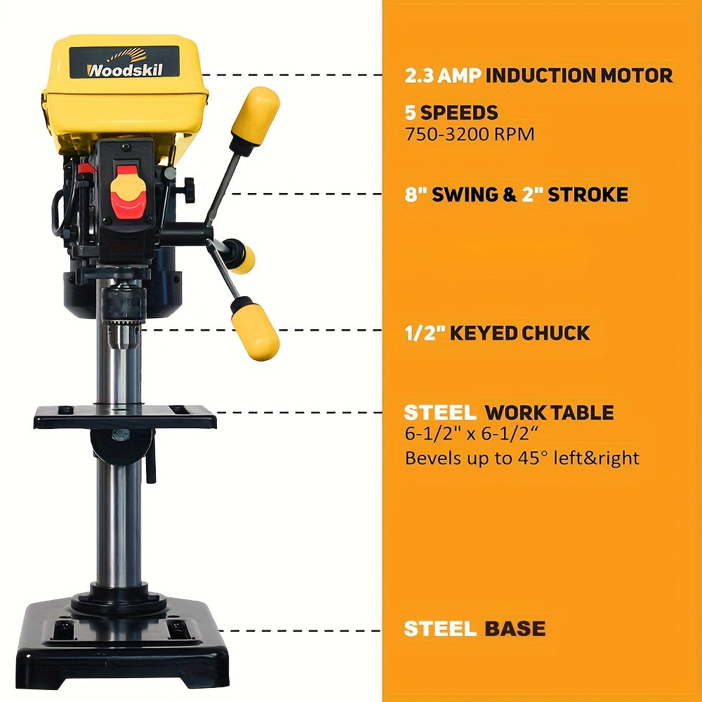 8 Inch Drill Press, 2.3 Amp 5-Speed Bench Drill Press With Steel Worktable | Corded, 120V, Plug Powered, Metal Construction, Includes Attachment - WOODSKIL