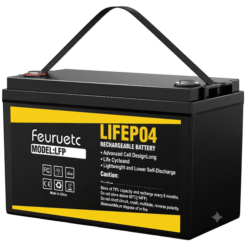 Feuruetc 12V LiFePO4 Lithium Iron Phosphate Battery, Available in 100Ah or 200Ah Capacity Options, with Built-in BMS, Over 15,000 Cycle Life. Suitable for Solar Systems, RVs, Golf Carts, Marine Applications, and Off-grid Power Supply. A Lightweight