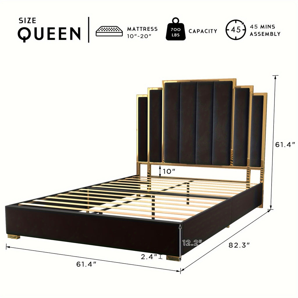 Velvet Upholstered Platform Bed Frame, Available in 61.4" Or 65" Sizes, Featuring a Gold-Trimmed Headboard And Wooden Slats, No Box Spring Required.