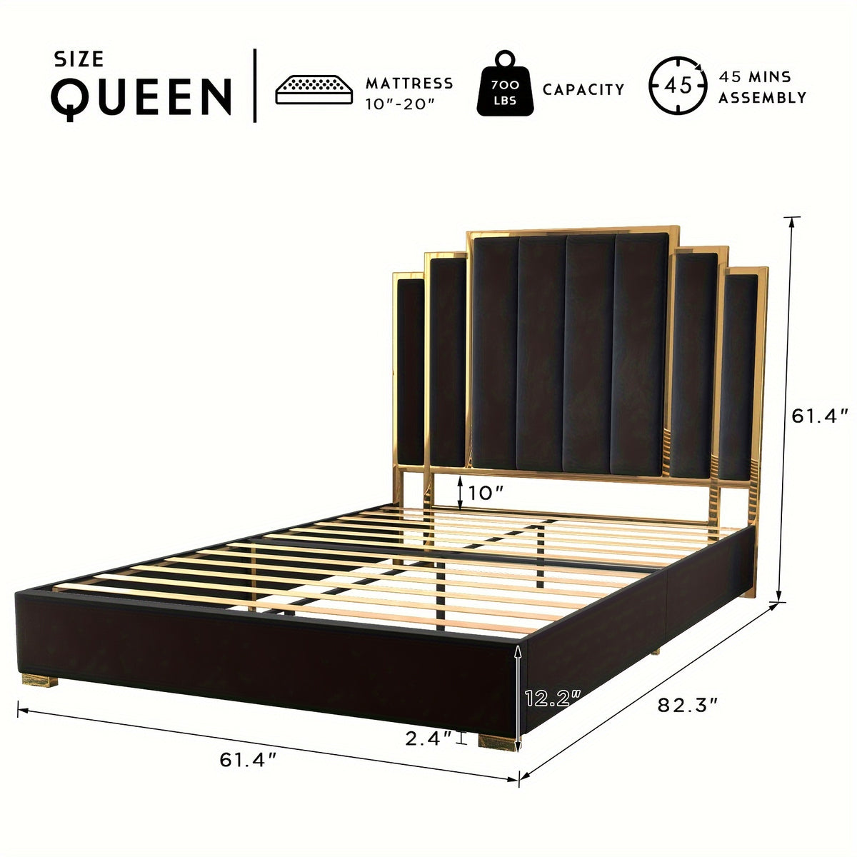 Velvet Upholstered Platform Bed Frame, Available in 61.4" Or 65" Sizes, Featuring a Gold-Trimmed Headboard And Wooden Slats, No Box Spring Required.