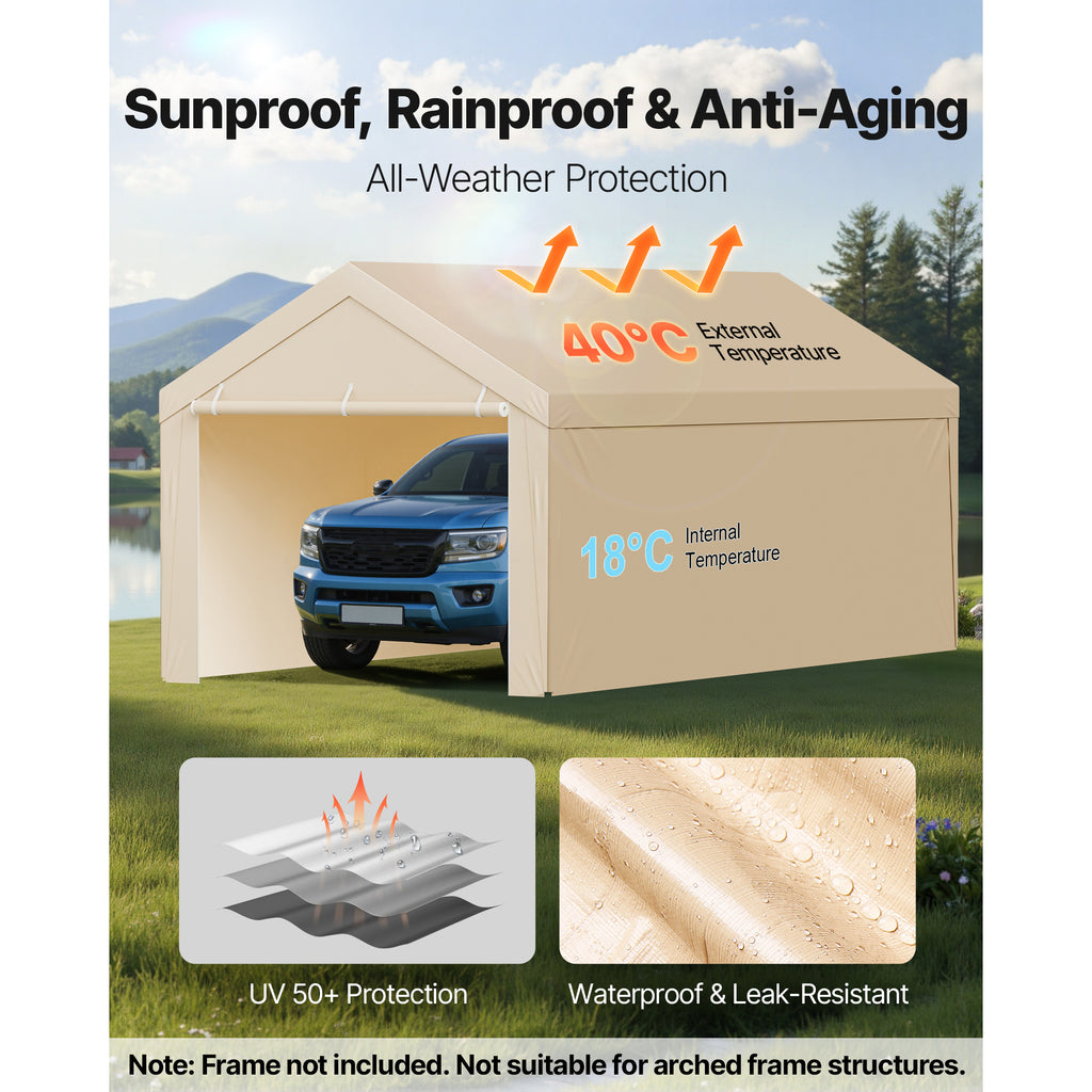 VEVOR Carport Replacement Canopy, 10 x 20 ft / 12 x 20 ft / 13 x 20 ft / 20 x 20 ft Potable Garage Tent Top Tarp with Sidewalls, UV-Resistant & Waterproof, Heavy Duty Car Shelter Tarp with Ball Buggees, Beige / Grey, Frame Not Included
