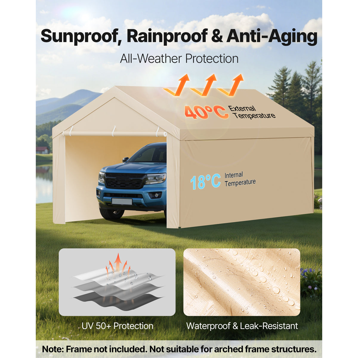 VEVOR Carport Replacement Canopy, 10 x 20 ft / 12 x 20 ft / 13 x 20 ft / 20 x 20 ft Potable Garage Tent Top Tarp with Sidewalls, UV-Resistant & Waterproof, Heavy Duty Car Shelter Tarp with Ball Buggees, Beige / Grey, Frame Not Included