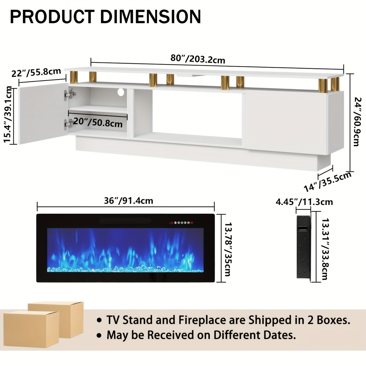 80" Fireplace TV Stand with 36" Fireplace, 2-Tier 80" LED Entertainment Center with Fireplace for Tvs Up to 90", Modern Wood TV Media with Storage Cabinets for Living Room