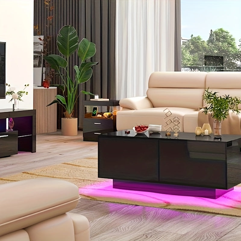 High Glossy LED Coffee Table, Modern Coffee Tables with Open Display Shelf And Sliding 2 Drawers, Rectangular Coffee Table with LED Lights for Living Room, Dining Room, White/Black