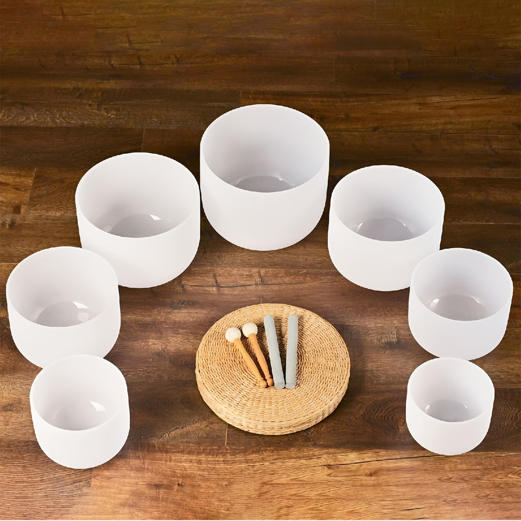 432Hz 6"-12" Set of 7 Chakra Frosted Quartz Crystal Singing Bowl Sound Bath Bags, Frosted Chakra Quartz Crystal Singing Bowls for Bath Sound Bowls Meditation Set Yoga