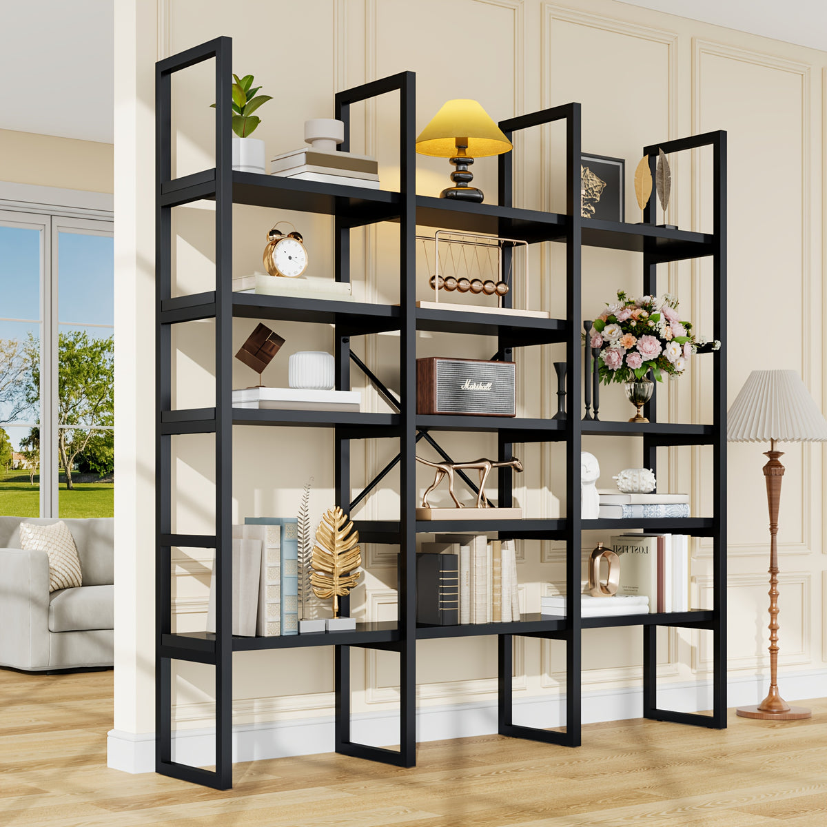 71" Industrial Bookcase - 5-Tier Triple Wide Geometric Shelf, Sturdy Metal Frame, Freestanding Display Unit for Home & Office