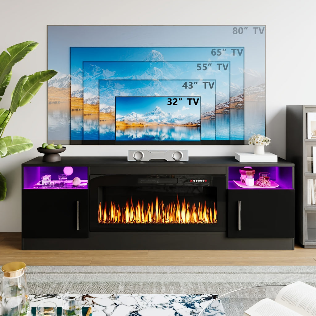 80" TV Stand Fireplace with 36" inch Electric Fireplace Up to 90" TVs, LED Light Entertainment Center, 80" Modern Wood High Gloss with Highlight Storage Cabinet for Living Room
