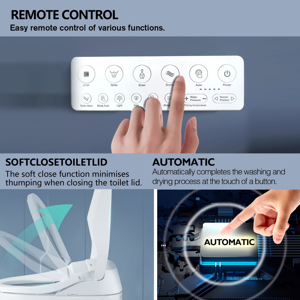 Bidet Toilet Seat with Warm Water, Air Dryer, Heated Seat, LED Light, Quiet Operation, Wireless Remote, Stainless Steel Nozzle, Sittable Lid