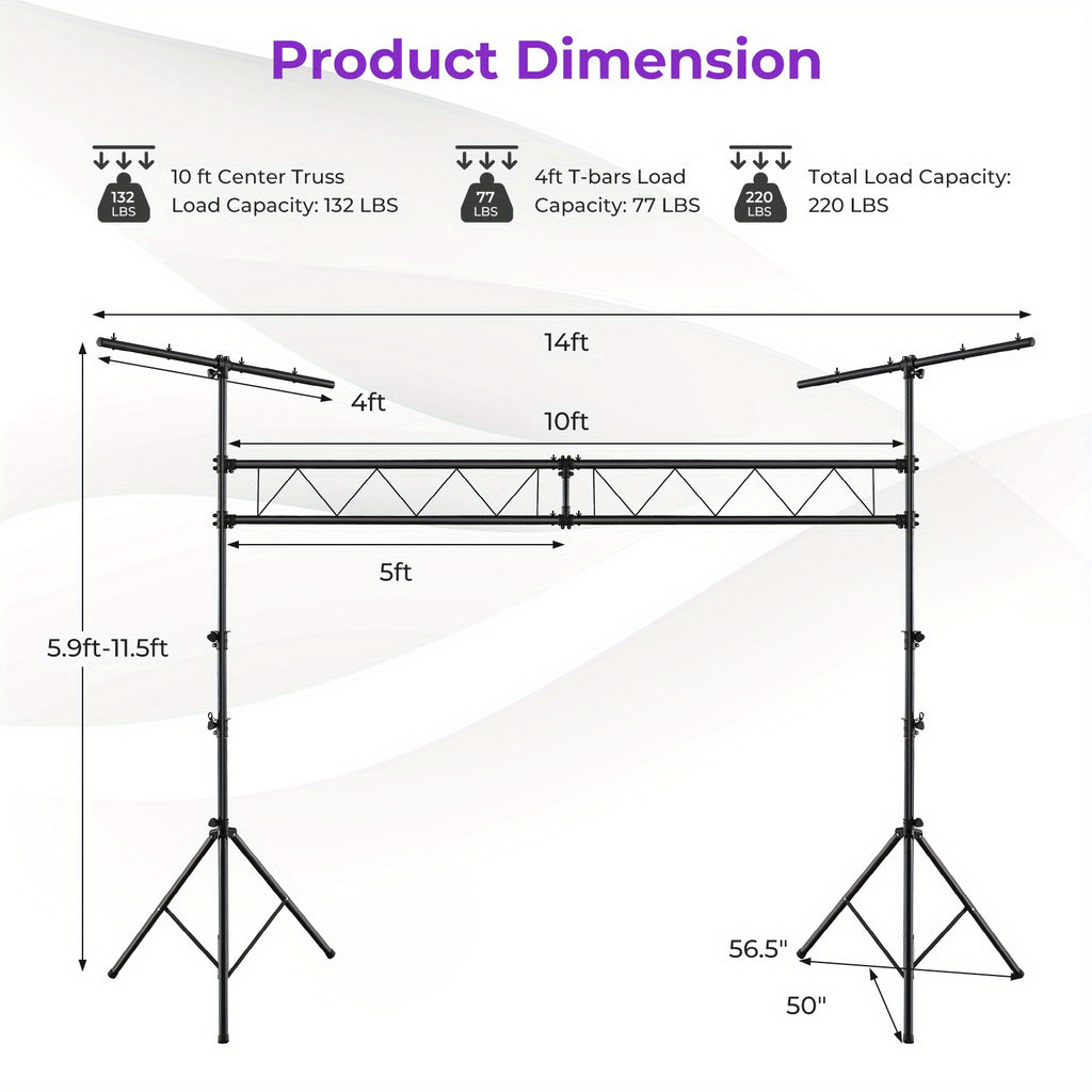 LIFEZEAL Heavy-Duty Metal Lighting Truss System - Adjustable Height 5.9ft to 11.5ft, Retractable T Bar, Non-Slip Pads & Locking Pins for Portable Audio Stages