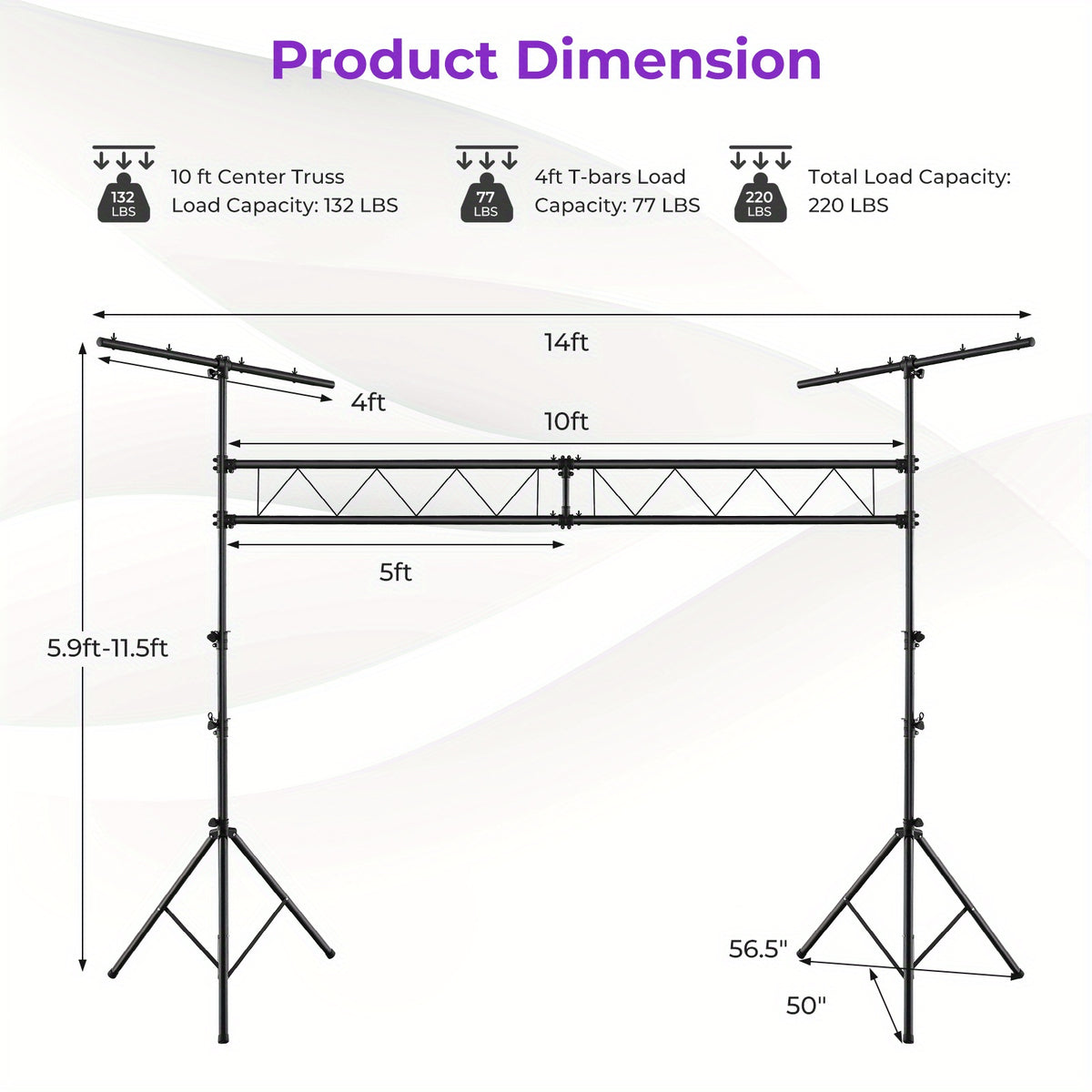 LIFEZEAL Heavy-Duty Metal Lighting Truss System - Adjustable Height 5.9ft to 11.5ft, Retractable T Bar, Non-Slip Pads & Locking Pins for Portable Audio Stages