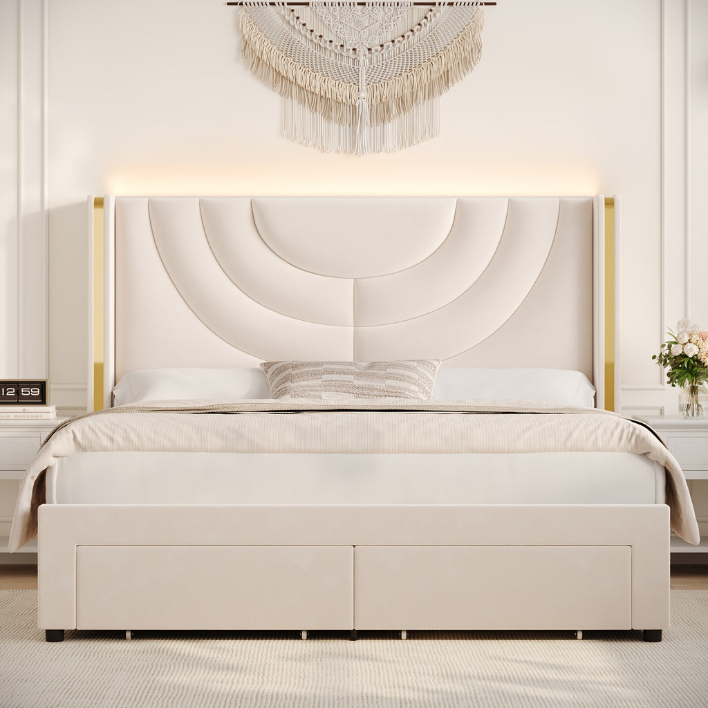 FULTRU Full/Queen/King Upholstered LED Bed Frame with 2 Storage Drawers, Velvet Platform Bed with Wingback Headboard, Solid Wooden Slats Support, No Box Spring Needed, Headboard Splicing Design, Halloween Home Decoration, Christmas Gifts