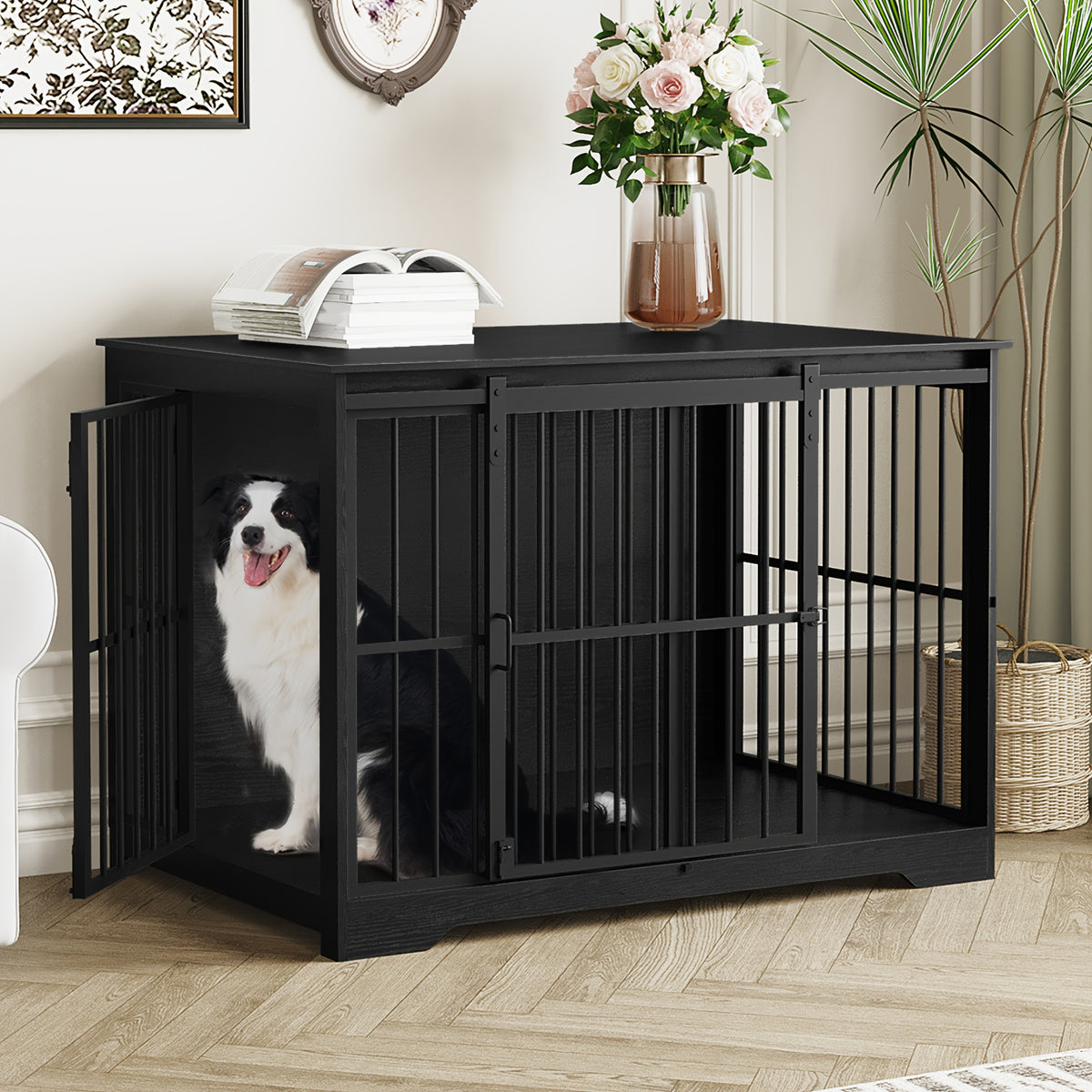 XL Large Dog Crate Furniture, 44.1" Indoor Dog Kennel Furniture with Barn Door, Wooden Tall Dog Crate, Heavy Duty Dog Cage for Large Dogs, Side End Table, Anti-Chew, Rustic Brown, Black, Greige Black, White Brown