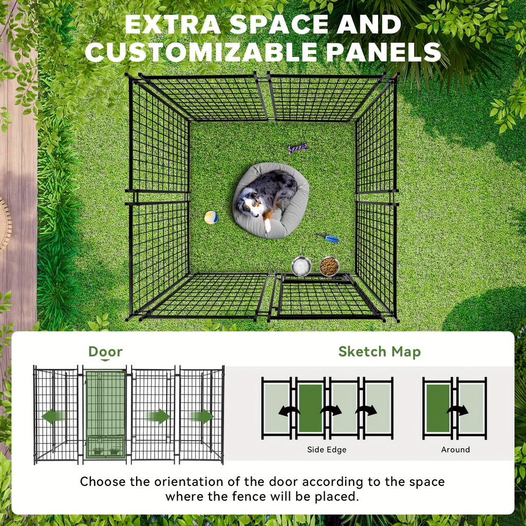 SNDM Outdoor Dog Kennel for Large Dogs, Heavy Duty Welded Wire Steel Dog Playpen Fence with Secure Lock, Dog Pen with Waterproof Roof Cover and 2 Rotating Dog Bowls for Small/Medium/Large Dogs