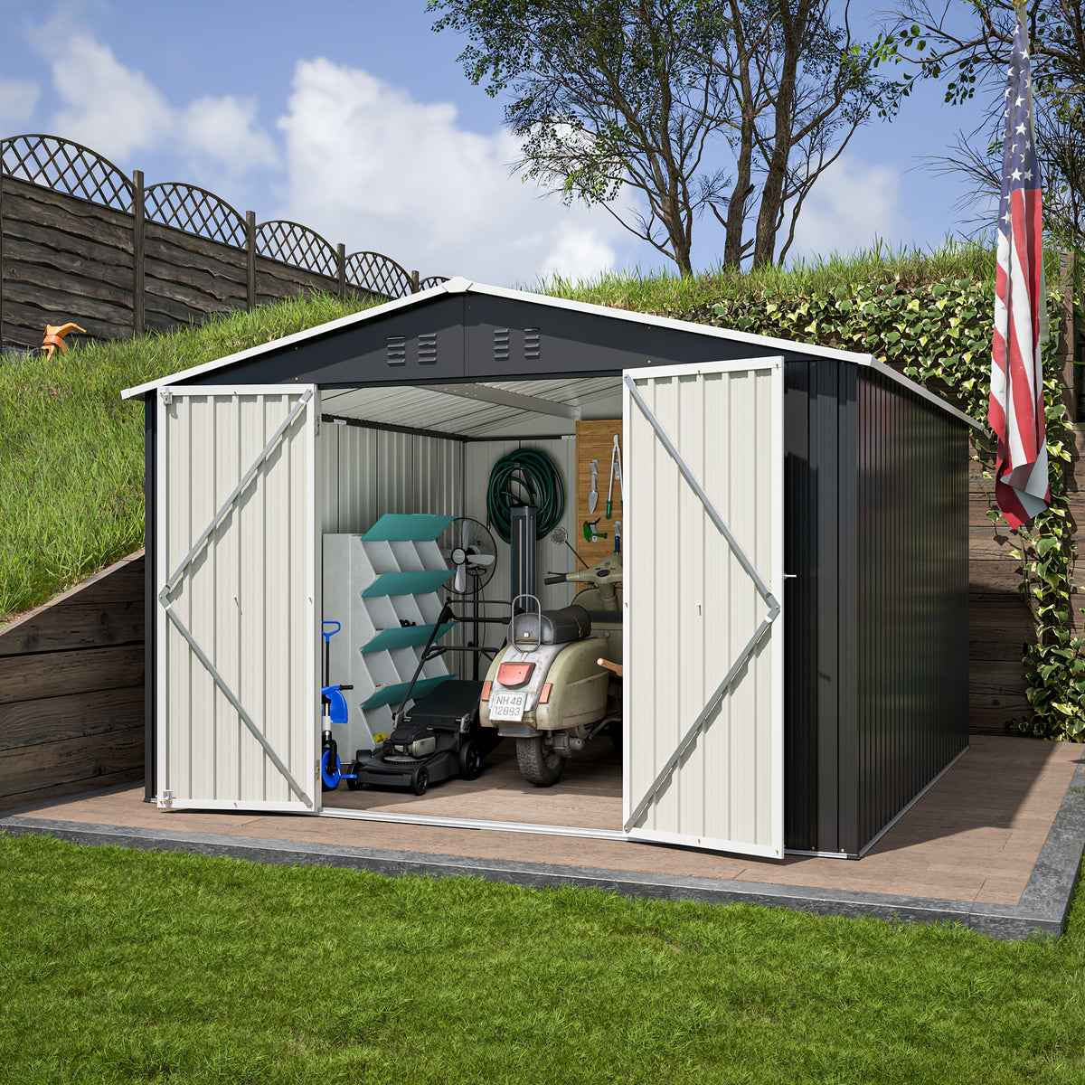 10X10 FT Outdoor Storage Shed, Metal Utility Tool Storage Featuring Lockable Doors And Enhanced Frame Design, Spacious Metal Garden Shed for Backyard And Patio Lawn, Black