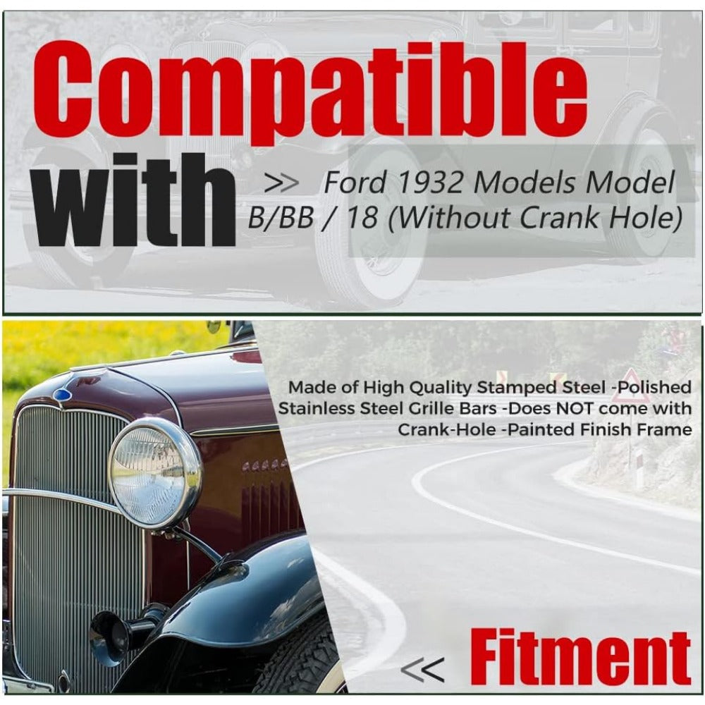 Front Grille Shell Insert Compatible with Ford 1932 Models Model B/BB / 18 Polished Stainless Steel (Without Crank Hole)
