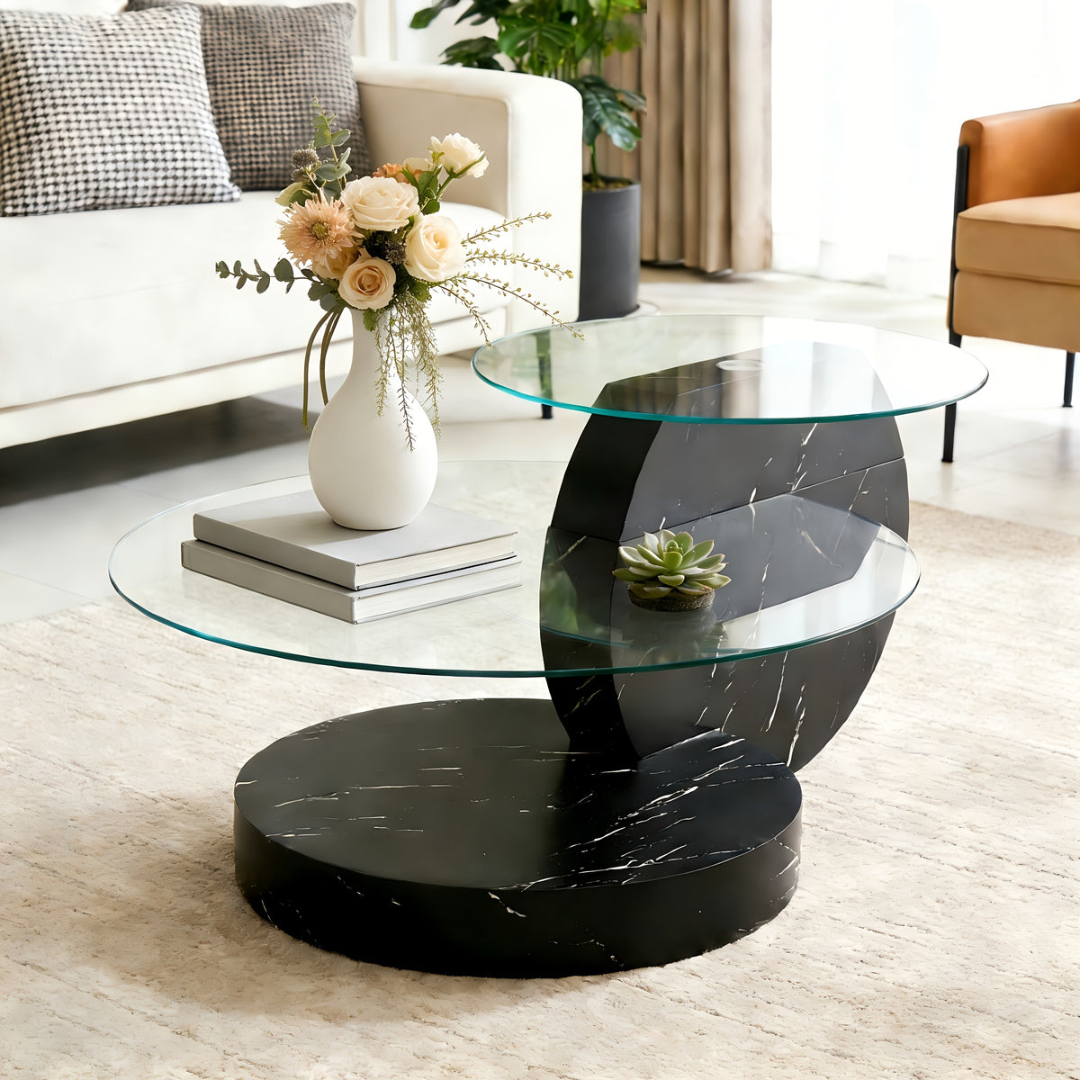 Glass Coffee Table for Small Spaces with Three-Tier Storage and a Clear Tempered Glass Top