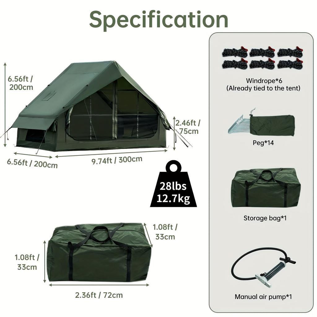 65 Sq.ft Inflatable Camping Tent For 3-4 Person, Self-Supporting Air Tent With Easy Setup, Windproof Cabin Tent With Mesh Windows, Portable Inflatable Tent For Outdoor Camping, Hiking, Backpacking & Travel