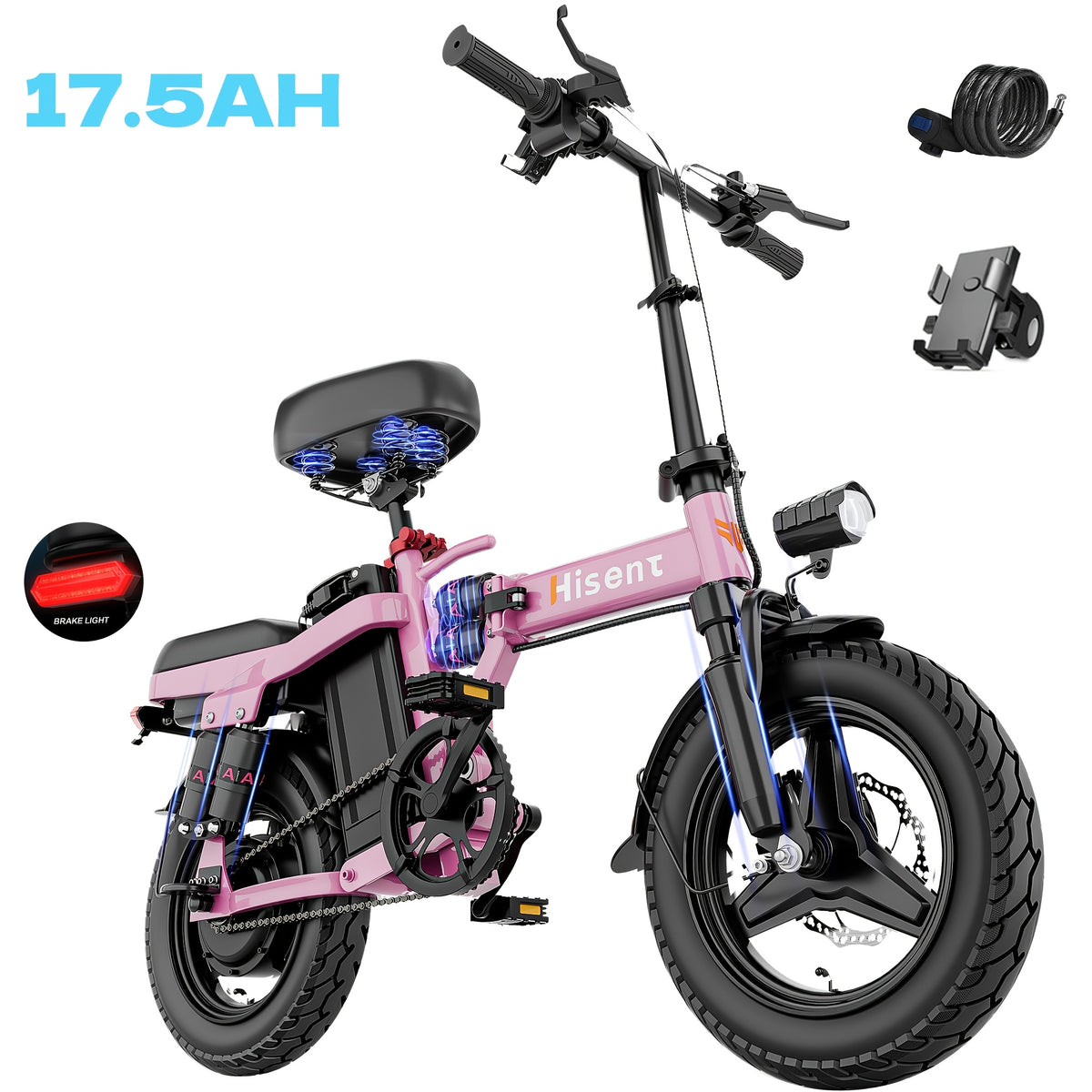 [Hisent New Upgraded Foldable Electric Bike]Rated Power: 500W, 48V 10AH-17.5AHLithium Battery, Range: 12-35 Miles (optional); Speed: 19.9 Miles Per Hour; 14-inch Tires, Available In Basic And Shock-absorbing Models; Suitable for Commuting