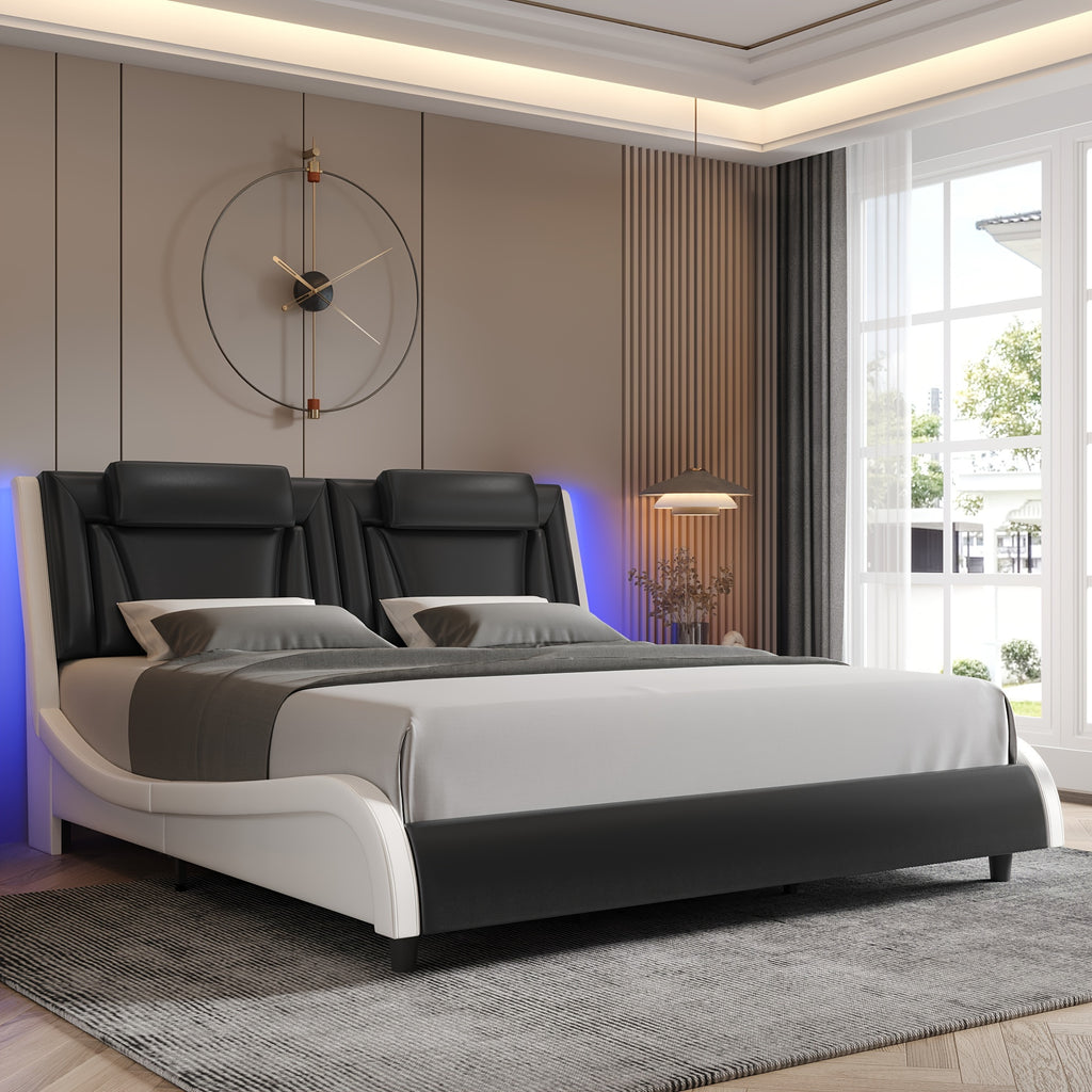 Upholstered Bed Frame Available in Full, Queen, And King Sizes Featuring an Adjustable Headboard, a Wavy Design, a Removable Backrest, And Solid Wooden Slats for Support, Eliminating The Need for a Box Spring, Offered in Faux Leather in White