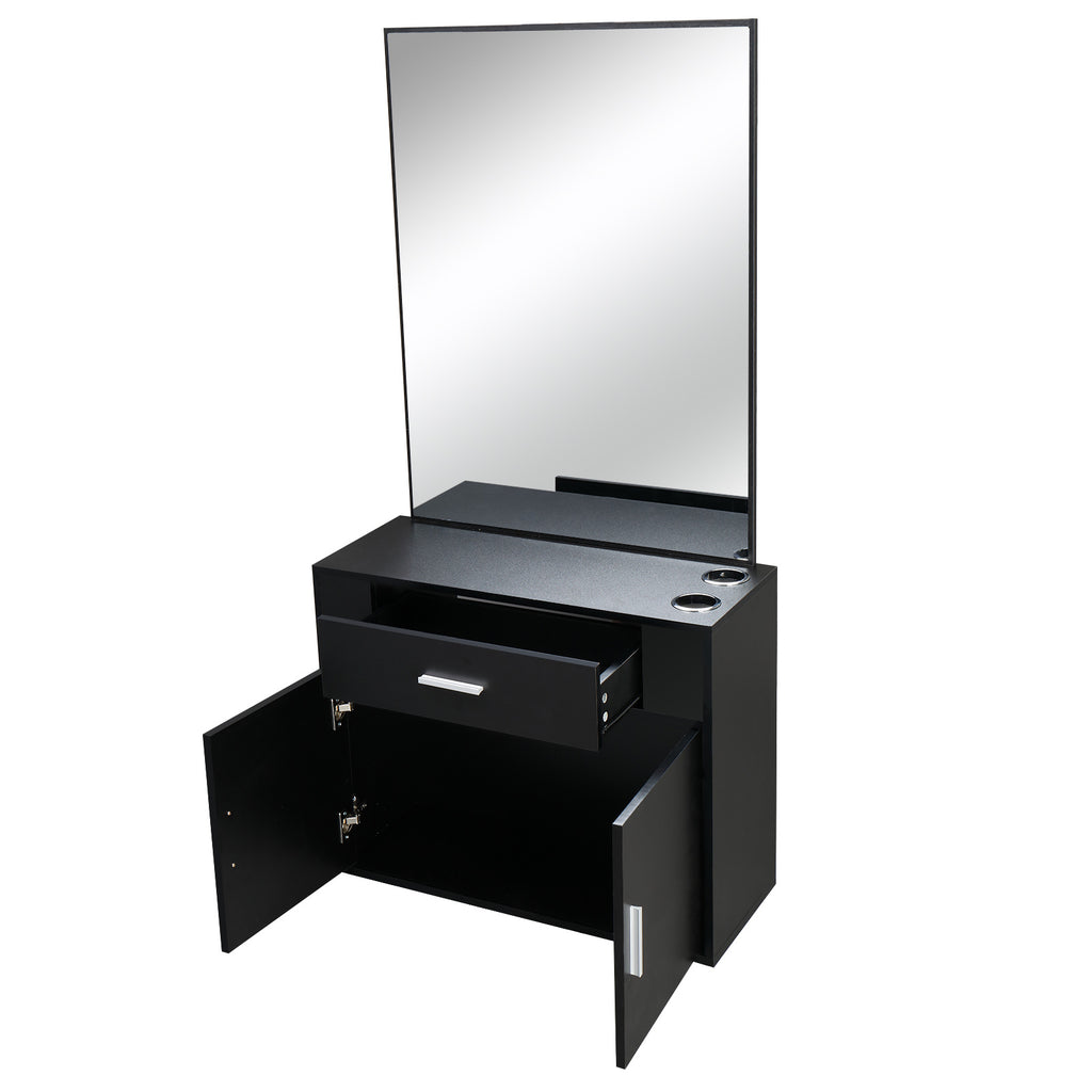 Wall-Mounted Salon Station for Hairdressing, Featuring a Mirror, One Drawer, One Storage Cabinet, And Two Hairdryer Holders, Suitable for Beauty Salons, Personal Studios, And Hair Salons - Black