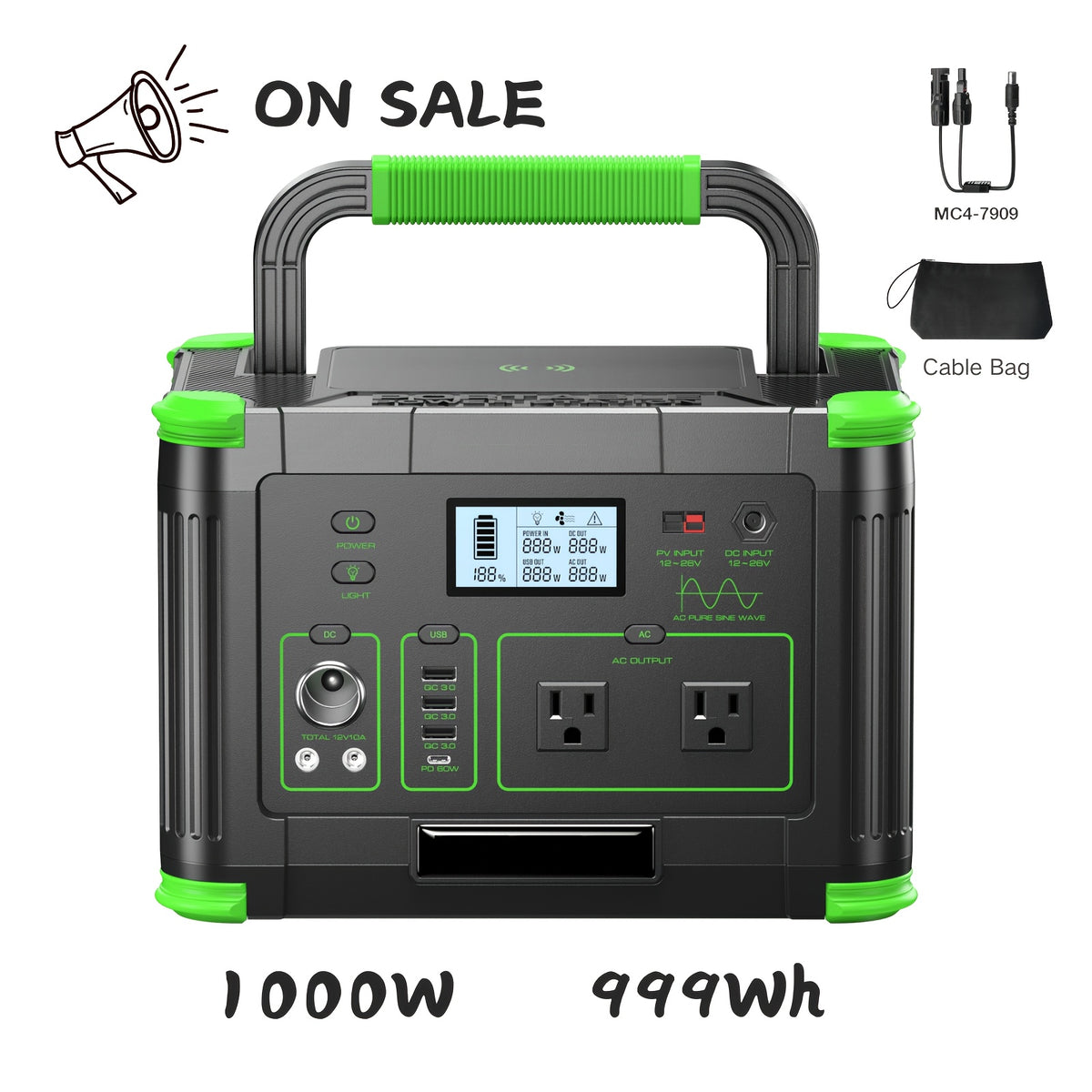 999Wh Solar Generator 1000W (Peak 2000W), Portable Power Station with Pure Sine Wave AC, Fast Charging, Reliable Backup for Iphone 18 Pro Max, RV Camping, Emergency, Home Backup