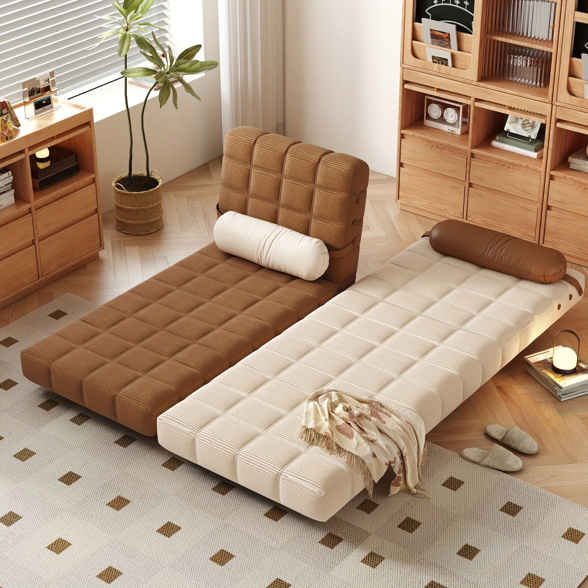 Convertible Single Sofa Bed | Foldable Chair Bed Sleeper with Adjustable Backrest & Pillow - Plush Corduroy Upholstery, Durable Metal Frame, Tufted Design for Living Room (Cream Beige/Brown)