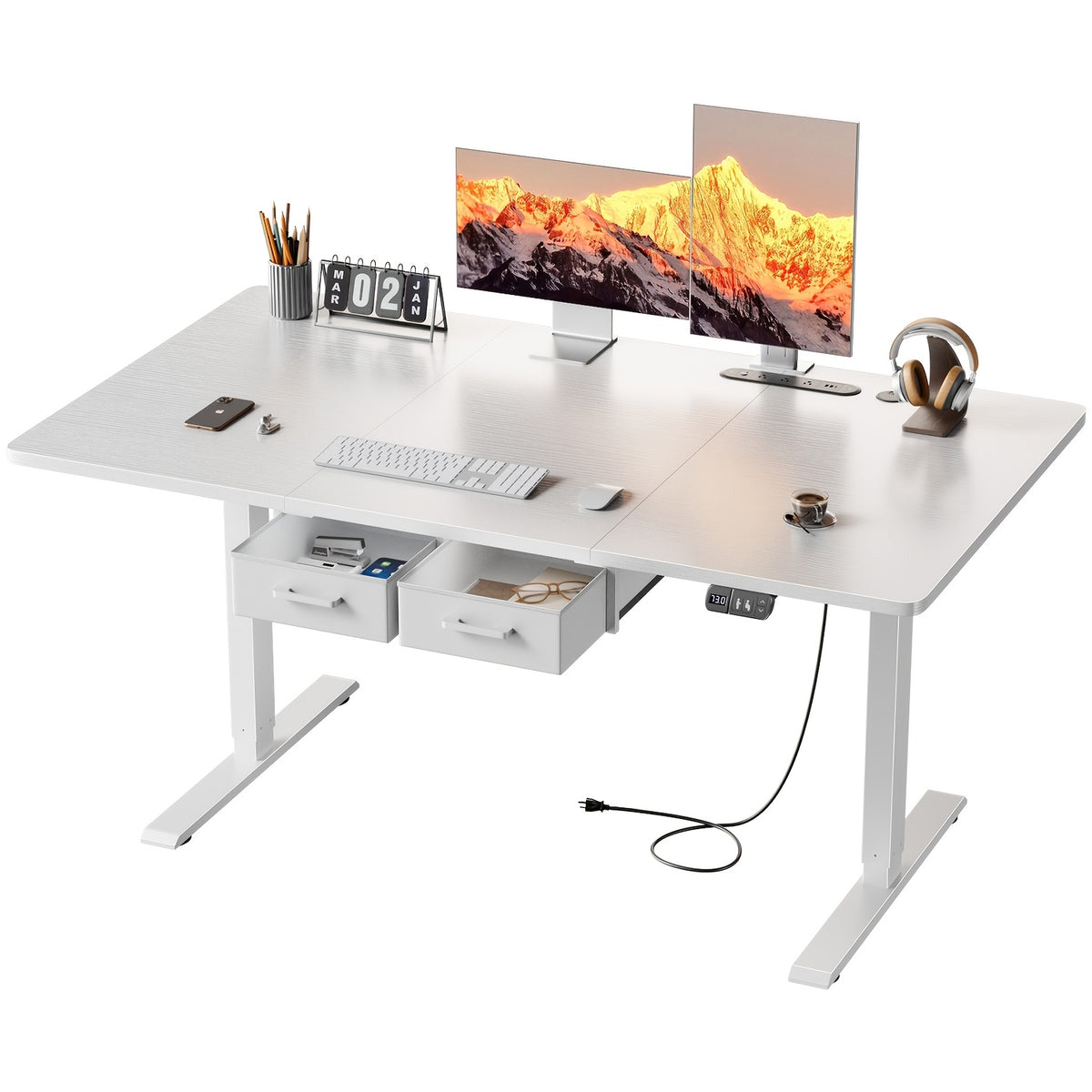 Electric Standing Desk with Dual Drawers and Built-In Power Panel for Home Offices and Gaming Setups