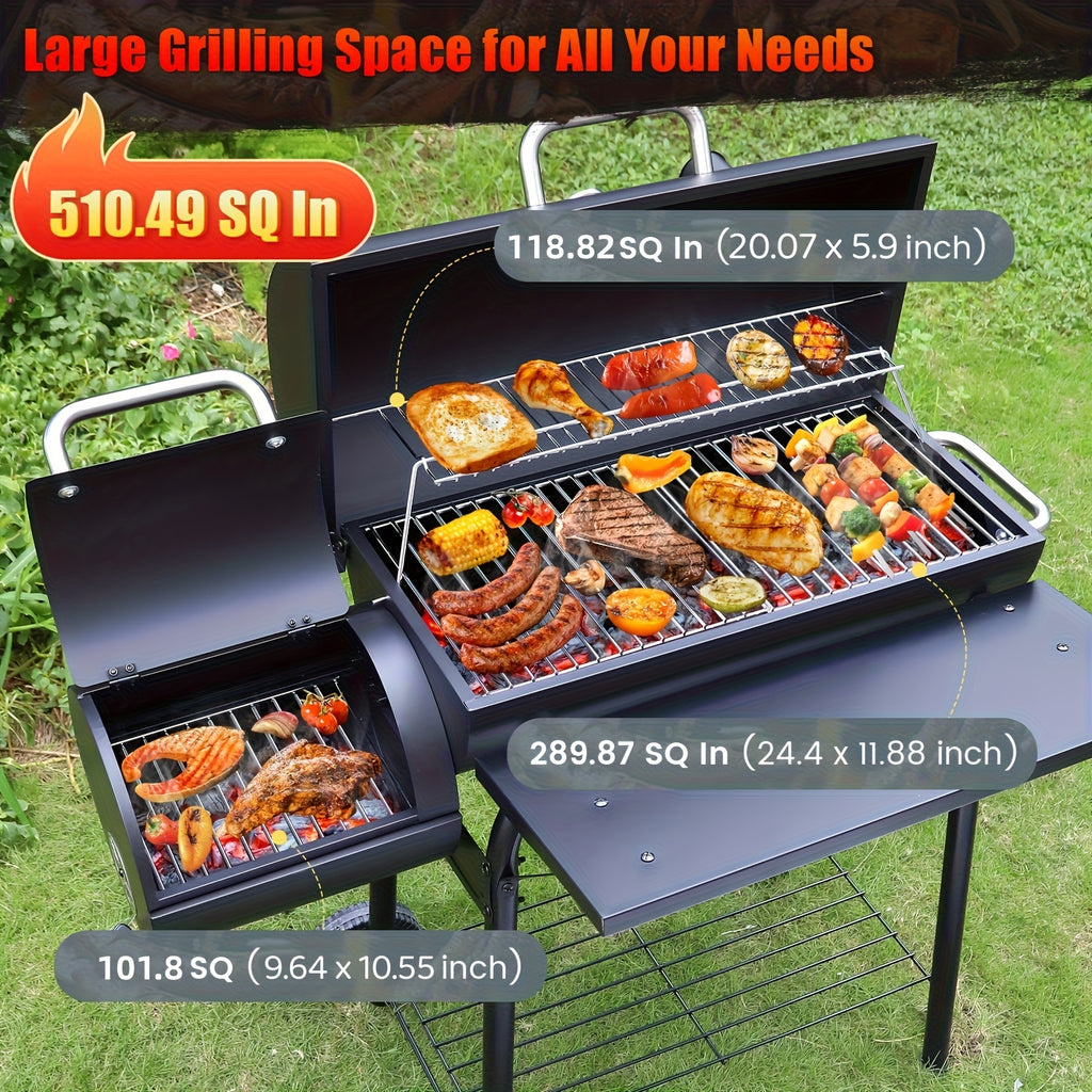 Charcoal BBQ Grills Outdoor - Barrel Charcoal Grill with Offset Smoker(Model: L)/ Outdoor BBQ Grill with Side Table(Model:M/XL-A/XL-C)for Backyard, Patio, Parties, Camping, Outdoor Cooking, Large Event Gathering, Black