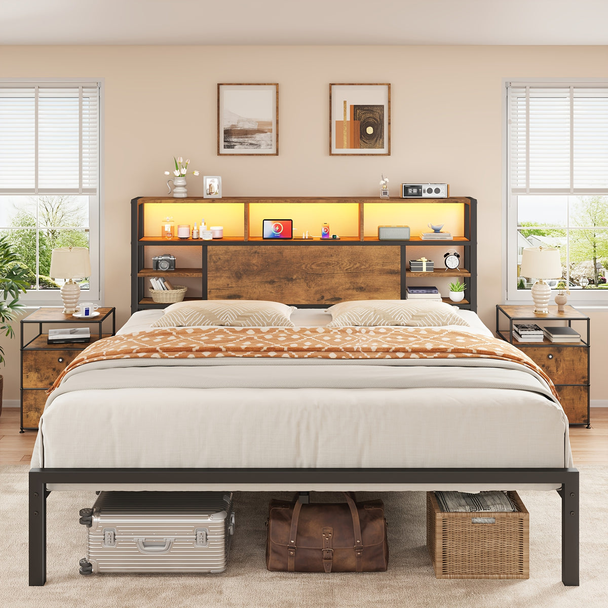 Full/Queen/King Size Bed Frame with Storage Headboard, LED Lights & Charging Station Heavy Duty Metal Platform Bed for Bedrooms, 1100 LBS Capacity, No Box Spring Needed, Easy Assembly, Black, Brown