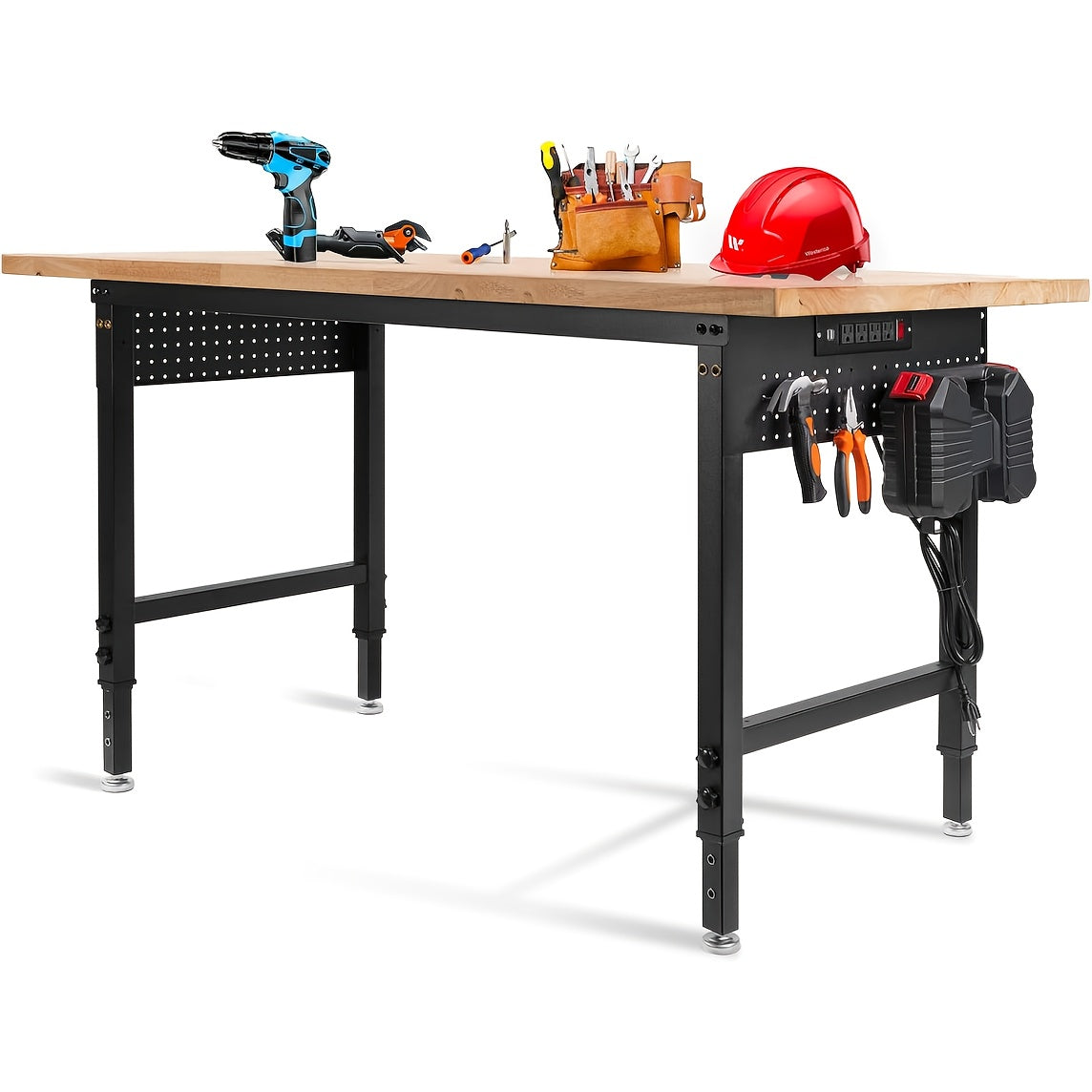 96"84"72"60"48"Adjustable Height Workbench with Power Outlet & Pegboard, 28"-40"Height Heavy Duty Solid Wood Work Table with 2000 to 5000 LBS Load Capacity for Garage, Shop, Office, Home