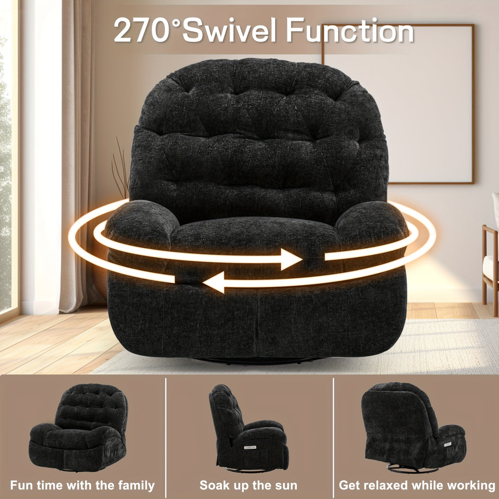Living Room Swivel Recliner, Adult Electric Recliner with USB Ports and Side Pocket Storage, Comfortable Soft-shell Rocking Chair, Chenille Material Large-seat-width Recliner for the Living Room, Generously Wide Seating, a Fine Gift