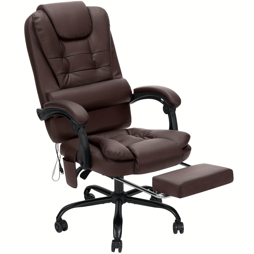 Office Chair Designed for Executives Featuring a 7-Point Massage System, Lumbar Support, And a Swivel Base. It Has a High Back Made of Leather And Includes a Reclining Footrest, Suitable for Home Office Use.