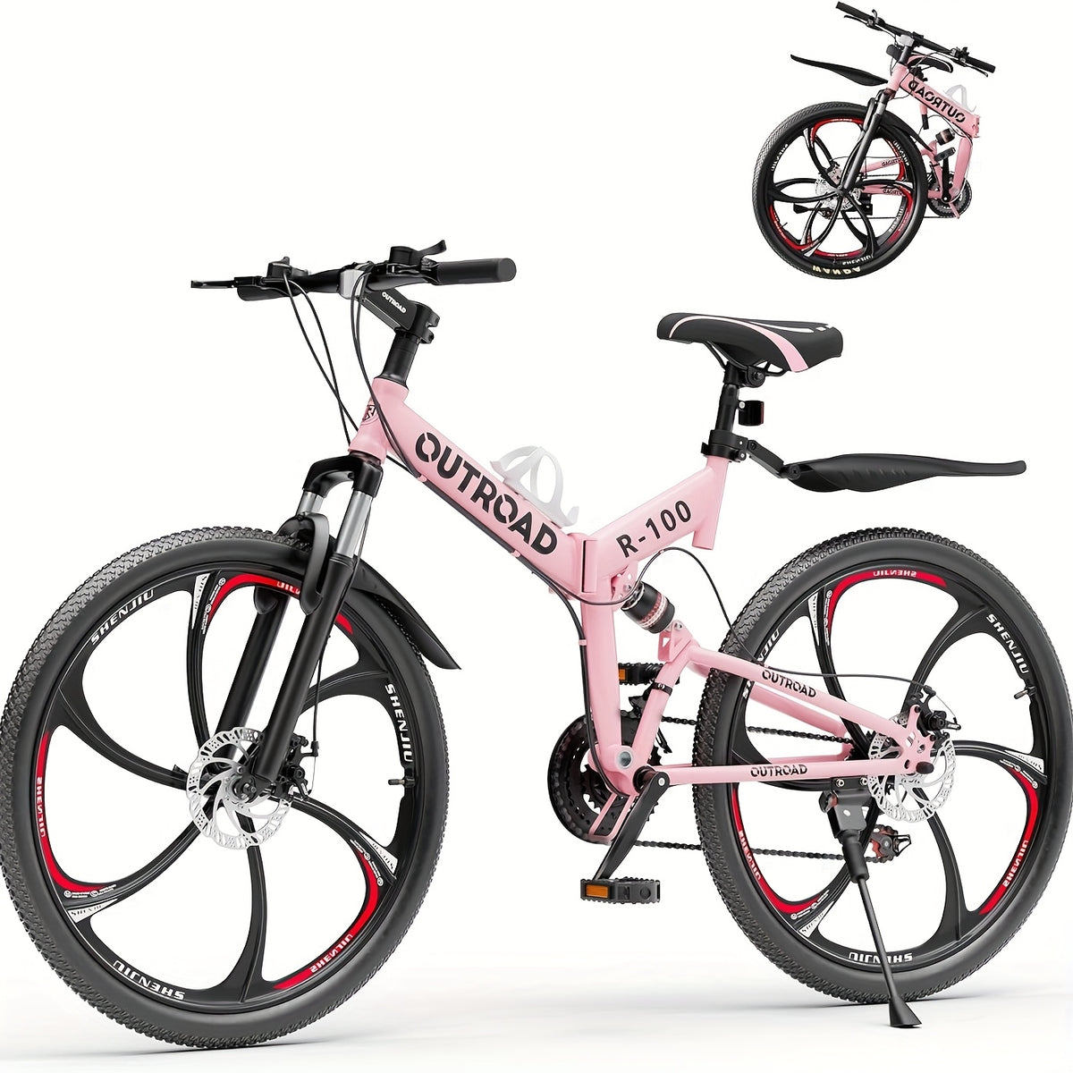 26 Inch Adult Folding Bikes/Mountain Bikes, 21 Speeds Mountain Bicycles with Full Suspension, Dual Disc Brake, High Carbon Steel Frame, Foldable Bike for Men/Women/Teen (Black&Orange)