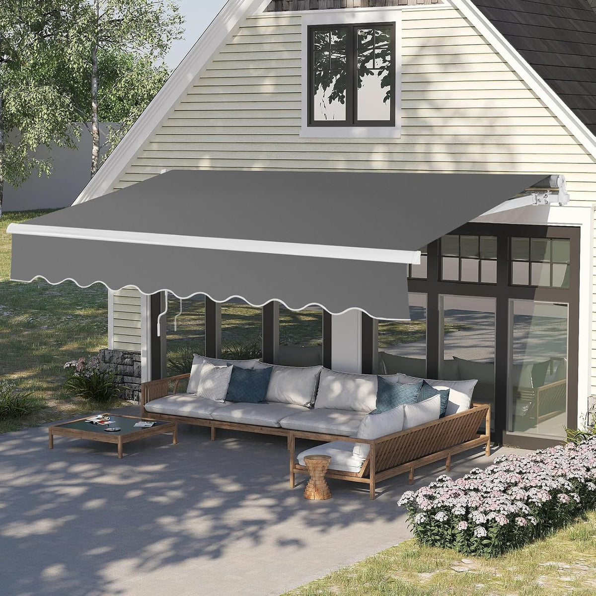 Bonnlo 12x10 FT Grey Polyester Patio Awning Canopy UV Water Resistant Outdoor Retractable Sunshade Shelter with Manual Crank Handle