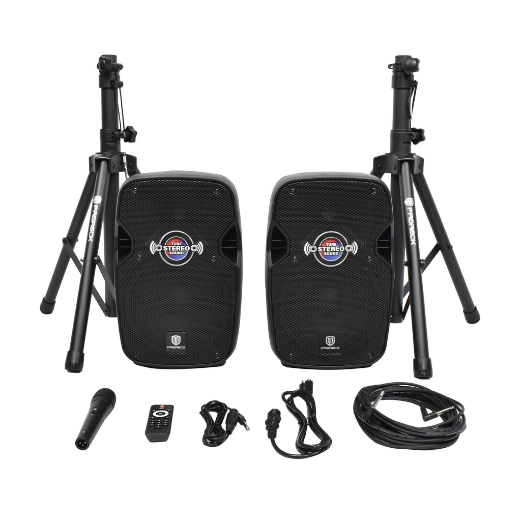 900W P.M.P.O. True Stereo Powered Wireless PA Speaker System with Active and Passive Loudspeakers, Wired Microphone, Stands, Remote, MP3/USB/SD/AUX Inputs