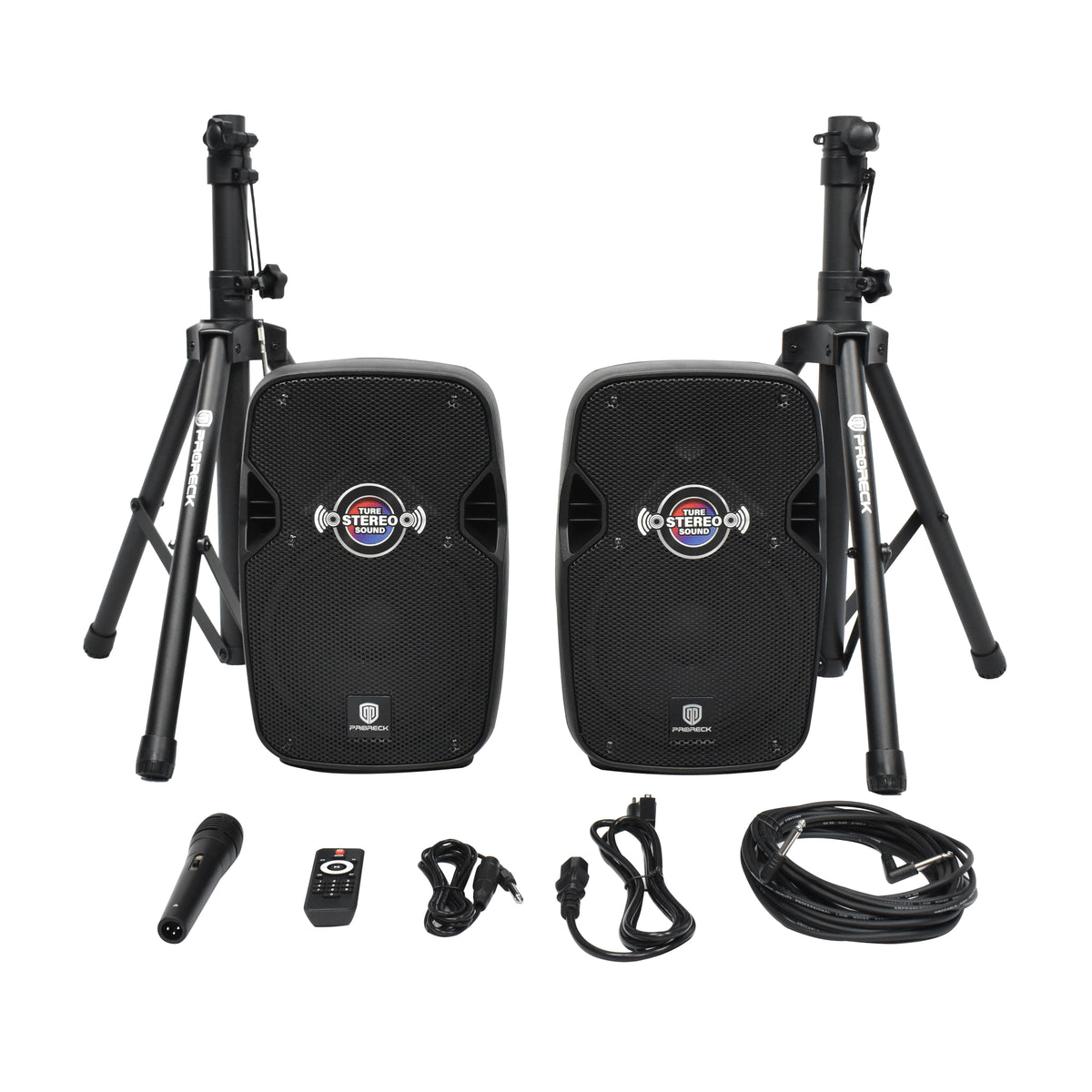 900W P.M.P.O. True Stereo Powered Wireless PA Speaker System with Active and Passive Loudspeakers, Wired Microphone, Stands, Remote, MP3/USB/SD/AUX Inputs