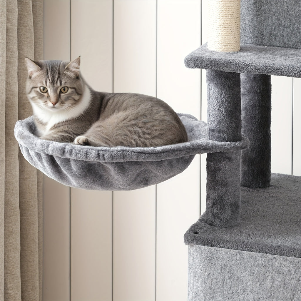 Double Litter Box Enclosure with Cat Tree, 45.3"L X 17.7"W X 68.9"H All-In-One Modern Cat Tower with Cat Bed, Hidden Litter Box Enclosure Furniture, with Hammock, Sisal Posts, Greige