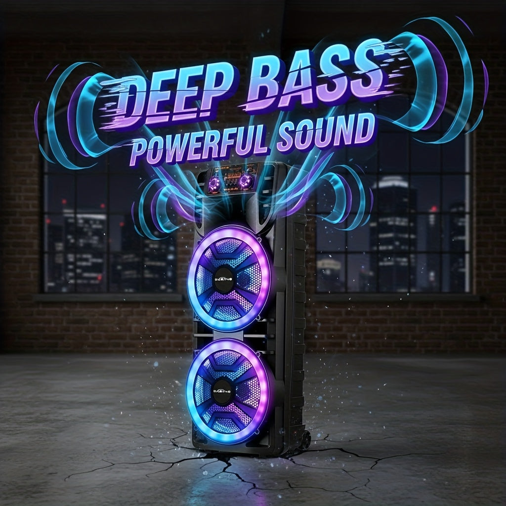 Dual 12" Portable BT Wireless Party Speaker - Powerful Bass, Loud Sound, RGB Light Show, EQ Controls (Treble/Bass/Delay/Volume), Lightweight for Outdoor/Indoor Party Events Karaoke PA System
