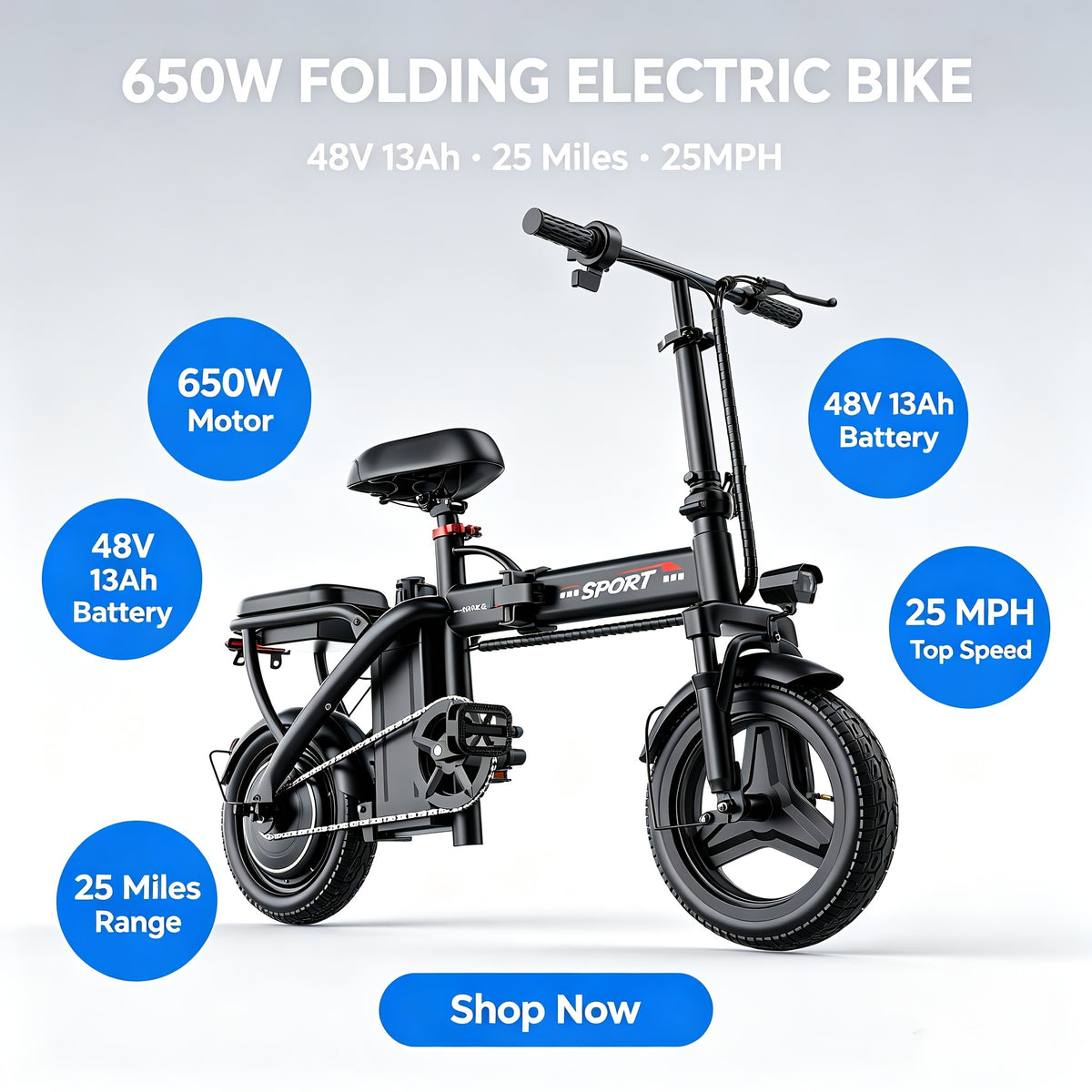 Z6 Electric Bike for Adults And Teens, 650W Folding Electric Bike, 48V 7.8Ah Removable Lithium Battery, Stylish 14 Inch Commuter Electric Bike, Double-person Mini Bicycle, Best Value Choice