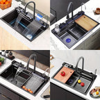 Kitchen Sink Double Waterfall Sink with LED Display with Cup Washer, Soap Dispenser, Waterfall Mixer, Worktop Controller, Etc. Workstation Kitchen Sink