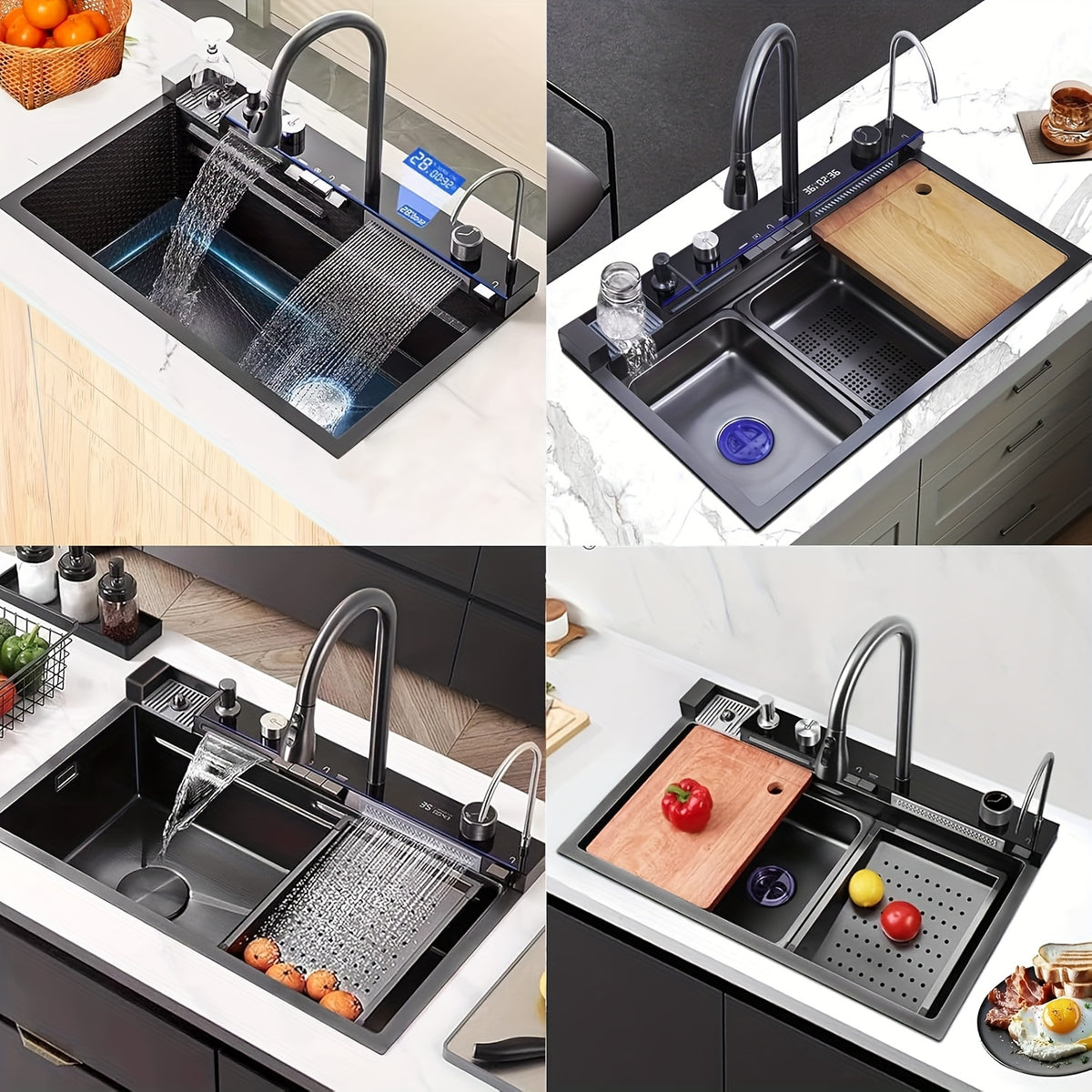 Kitchen Sink Double Waterfall Sink with LED Display with Cup Washer, Soap Dispenser, Waterfall Mixer, Worktop Controller, Etc. Workstation Kitchen Sink