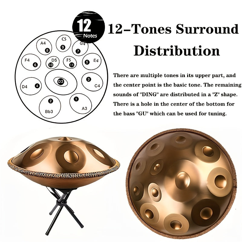 12 Notes Handpan Drum, 22Inch D Minor Kurd 432Hz Steel Tongue Hand Pan Drum For Adults Yoga Meditation, Hand Tuning Sound Healing Instrument Gift For Beginners With Soft Bag, Hand Mallets, Stand, Cloth, Sound Stickers